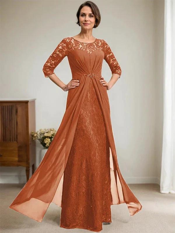 A-Line Scoop Illusion Floor-Length Lace Chiffon Mother Of the Bride Dress With Beading Ruffles - Image 13