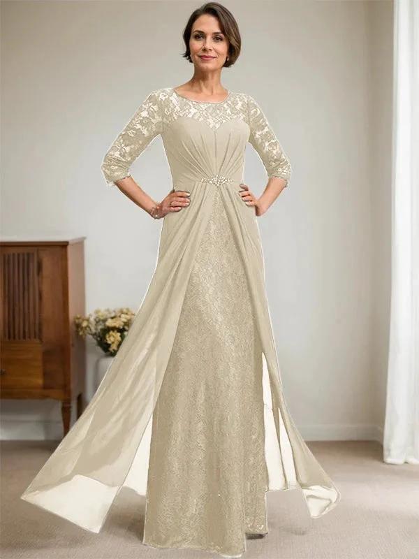 A-Line Scoop Illusion Floor-Length Lace Chiffon Mother Of the Bride Dress With Beading Ruffles - Image 14