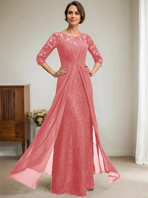 A-Line Scoop Illusion Floor-Length Lace Chiffon Mother Of the Bride Dress With Beading Ruffles - Image 15