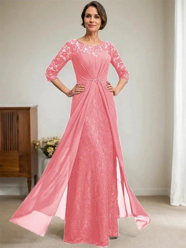 A-Line Scoop Illusion Floor-Length Lace Chiffon Mother Of the Bride Dress With Beading Ruffles - Image 16