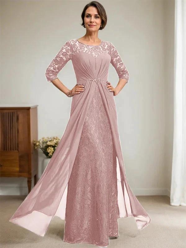 A-Line Scoop Illusion Floor-Length Lace Chiffon Mother Of the Bride Dress With Beading Ruffles - Image 17
