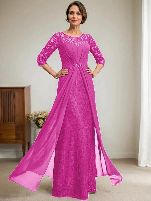 A-Line Scoop Illusion Floor-Length Lace Chiffon Mother Of the Bride Dress With Beading Ruffles - Image 18