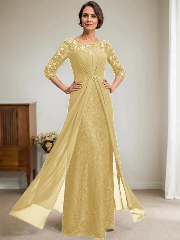 A-Line Scoop Illusion Floor-Length Lace Chiffon Mother Of the Bride Dress With Beading Ruffles - Image 19