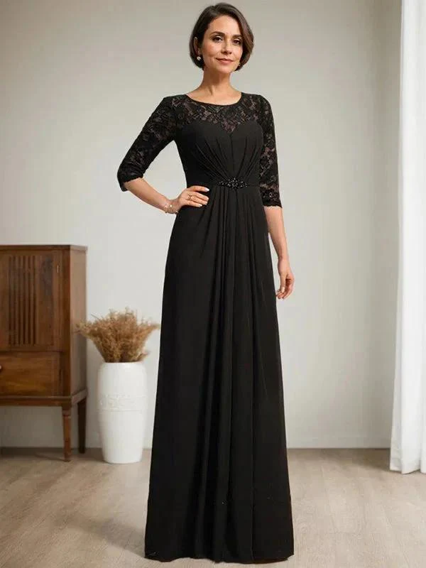 A-Line Scoop Illusion Floor-Length Lace Chiffon Mother Of the Bride Dress With Beading Ruffles - Image 2