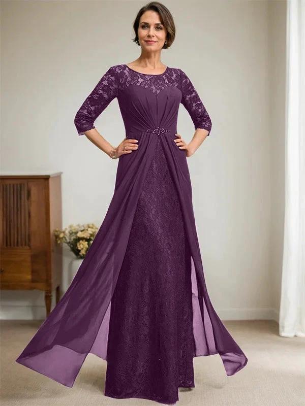 A-Line Scoop Illusion Floor-Length Lace Chiffon Mother Of the Bride Dress With Beading Ruffles - Image 20