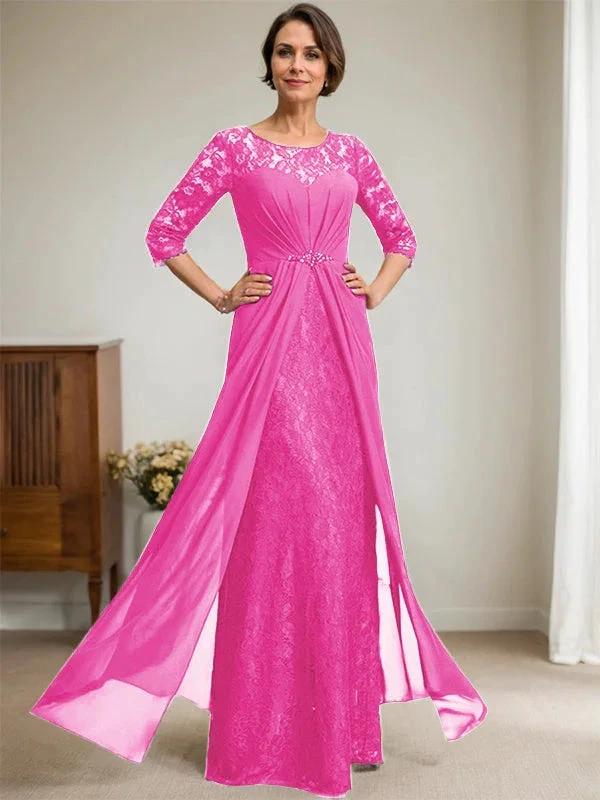 A-Line Scoop Illusion Floor-Length Lace Chiffon Mother Of the Bride Dress With Beading Ruffles - Image 21