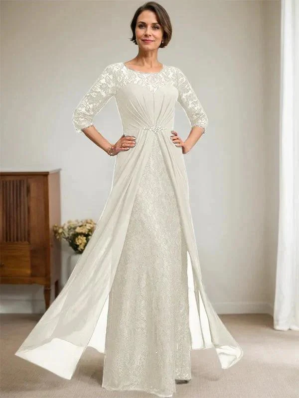 A-Line Scoop Illusion Floor-Length Lace Chiffon Mother Of the Bride Dress With Beading Ruffles - Image 22