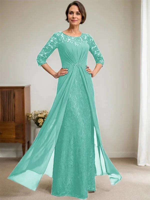 A-Line Scoop Illusion Floor-Length Lace Chiffon Mother Of the Bride Dress With Beading Ruffles - Image 23