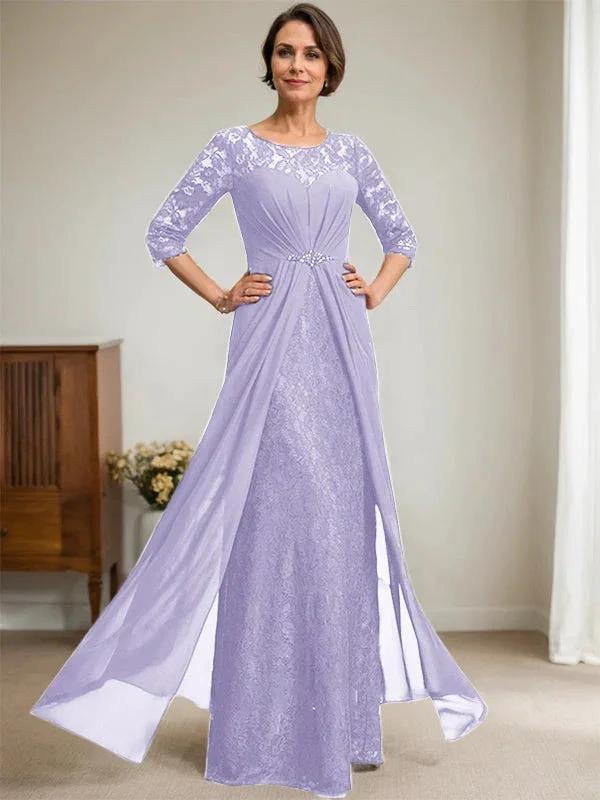 A-Line Scoop Illusion Floor-Length Lace Chiffon Mother Of the Bride Dress With Beading Ruffles - Image 24