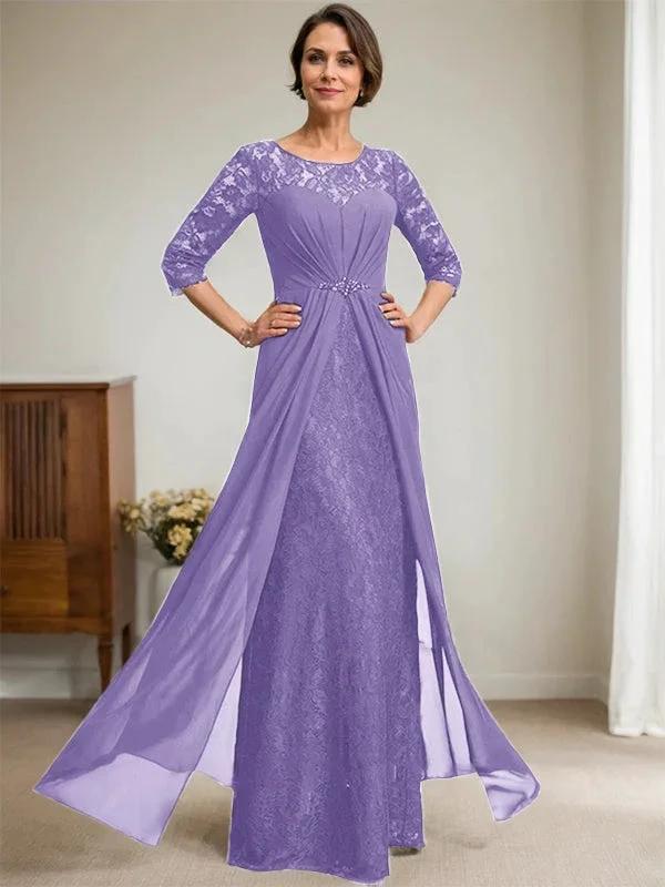 A-Line Scoop Illusion Floor-Length Lace Chiffon Mother Of the Bride Dress With Beading Ruffles - Image 25