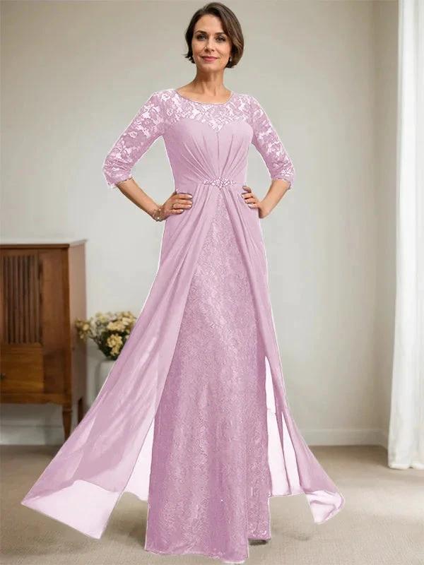 A-Line Scoop Illusion Floor-Length Lace Chiffon Mother Of the Bride Dress With Beading Ruffles - Image 26