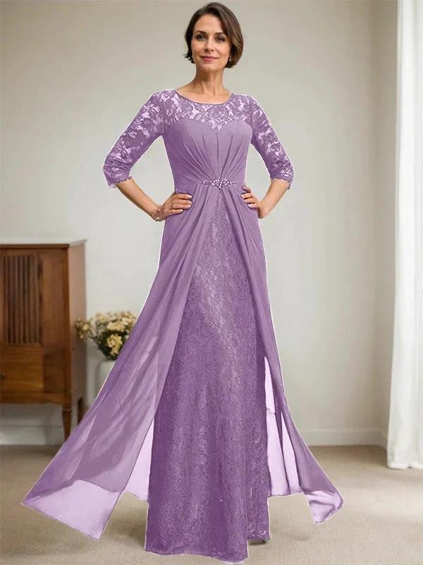 A-Line Scoop Illusion Floor-Length Lace Chiffon Mother Of the Bride Dress With Beading Ruffles - Image 27
