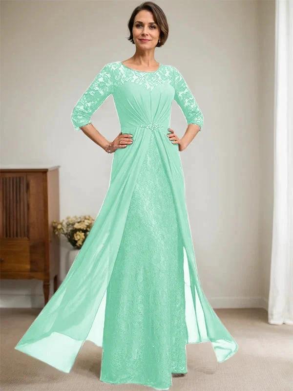A-Line Scoop Illusion Floor-Length Lace Chiffon Mother Of the Bride Dress With Beading Ruffles - Image 28