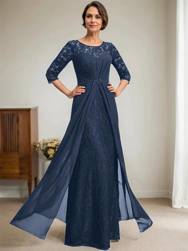 A-Line Scoop Illusion Floor-Length Lace Chiffon Mother Of the Bride Dress With Beading Ruffles - Image 29