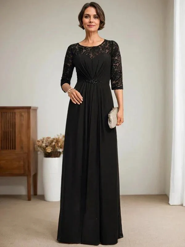 A-Line Scoop Illusion Floor-Length Lace Chiffon Mother Of the Bride Dress With Beading Ruffles - Image 3