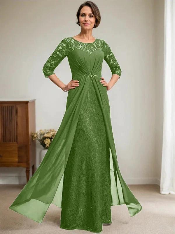 A-Line Scoop Illusion Floor-Length Lace Chiffon Mother Of the Bride Dress With Beading Ruffles - Image 30