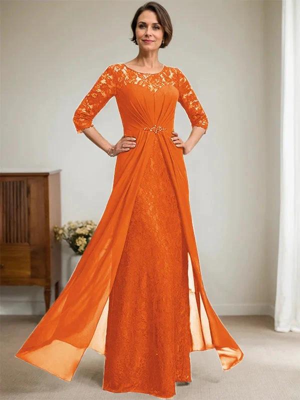 A-Line Scoop Illusion Floor-Length Lace Chiffon Mother Of the Bride Dress With Beading Ruffles - Image 31