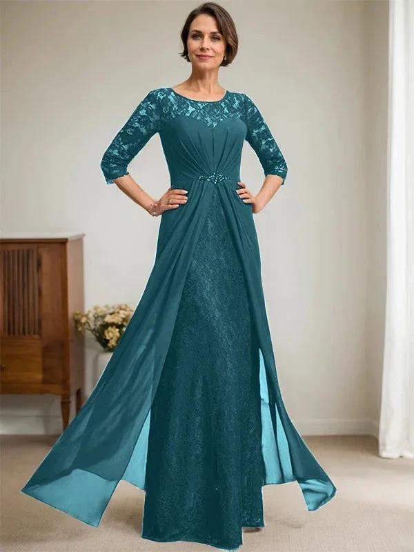 A-Line Scoop Illusion Floor-Length Lace Chiffon Mother Of the Bride Dress With Beading Ruffles - Image 32