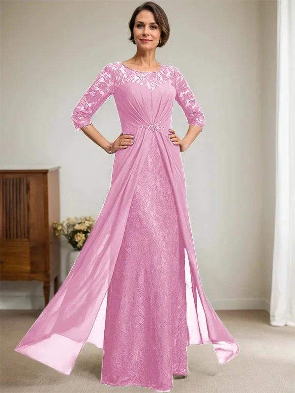 A-Line Scoop Illusion Floor-Length Lace Chiffon Mother Of the Bride Dress With Beading Ruffles - Image 33