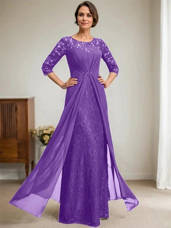 A-Line Scoop Illusion Floor-Length Lace Chiffon Mother Of the Bride Dress With Beading Ruffles - Image 34