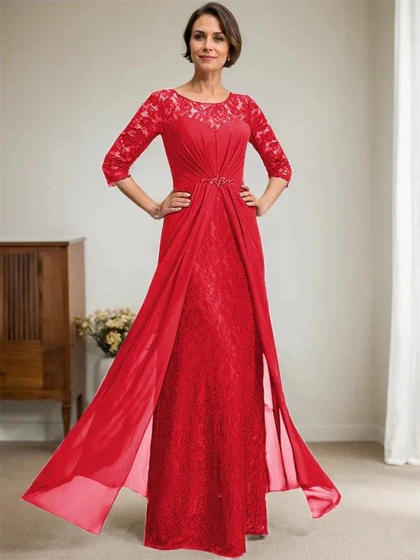 A-Line Scoop Illusion Floor-Length Lace Chiffon Mother Of the Bride Dress With Beading Ruffles - Image 35