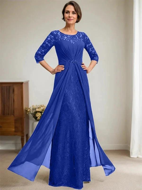 A-Line Scoop Illusion Floor-Length Lace Chiffon Mother Of the Bride Dress With Beading Ruffles - Image 36