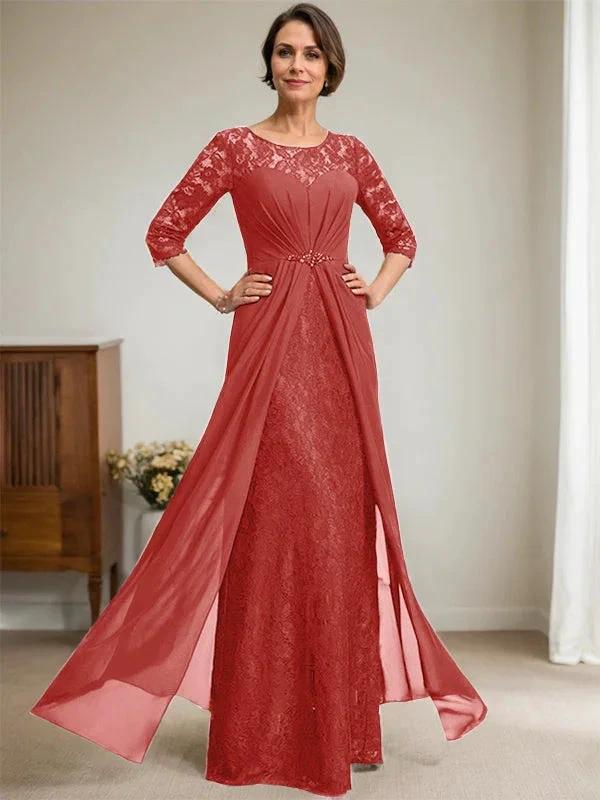 A-Line Scoop Illusion Floor-Length Lace Chiffon Mother Of the Bride Dress With Beading Ruffles - Image 37