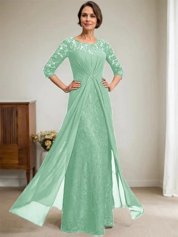 A-Line Scoop Illusion Floor-Length Lace Chiffon Mother Of the Bride Dress With Beading Ruffles - Image 38