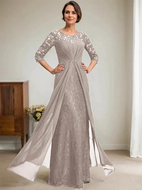 A-Line Scoop Illusion Floor-Length Lace Chiffon Mother Of the Bride Dress With Beading Ruffles - Image 39