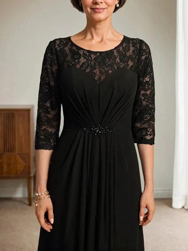 A-Line Scoop Illusion Floor-Length Lace Chiffon Mother Of the Bride Dress With Beading Ruffles - Image 4