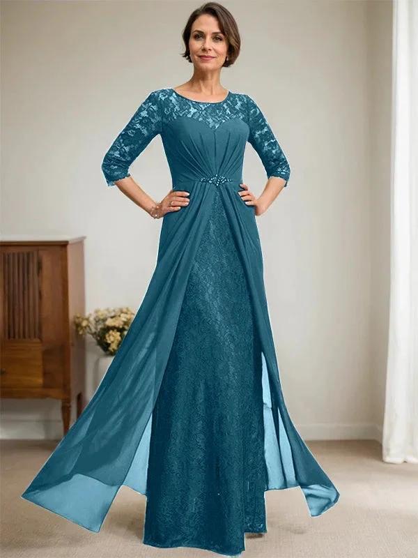 A-Line Scoop Illusion Floor-Length Lace Chiffon Mother Of the Bride Dress With Beading Ruffles - Image 40