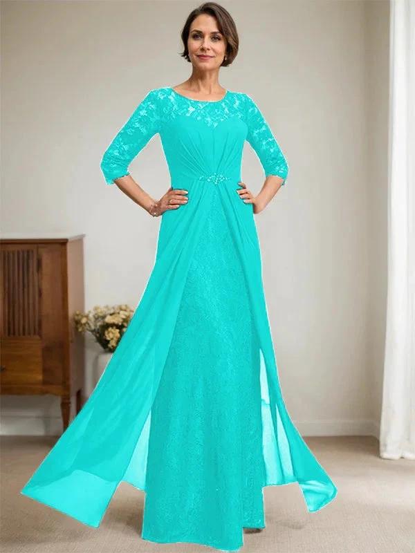 A-Line Scoop Illusion Floor-Length Lace Chiffon Mother Of the Bride Dress With Beading Ruffles - Image 41