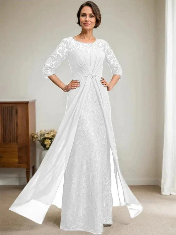 A-Line Scoop Illusion Floor-Length Lace Chiffon Mother Of the Bride Dress With Beading Ruffles - Image 42