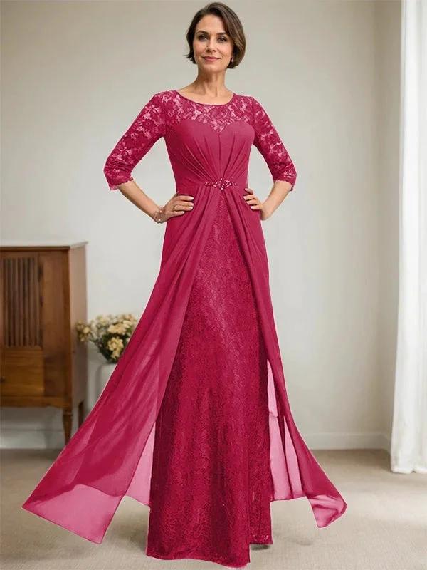 A-Line Scoop Illusion Floor-Length Lace Chiffon Mother Of the Bride Dress With Beading Ruffles - Image 43