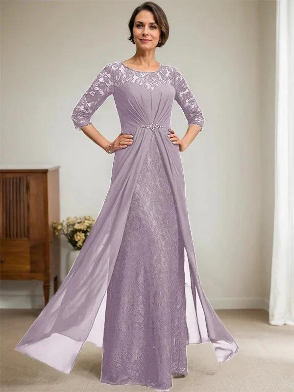 A-Line Scoop Illusion Floor-Length Lace Chiffon Mother Of the Bride Dress With Beading Ruffles - Image 44