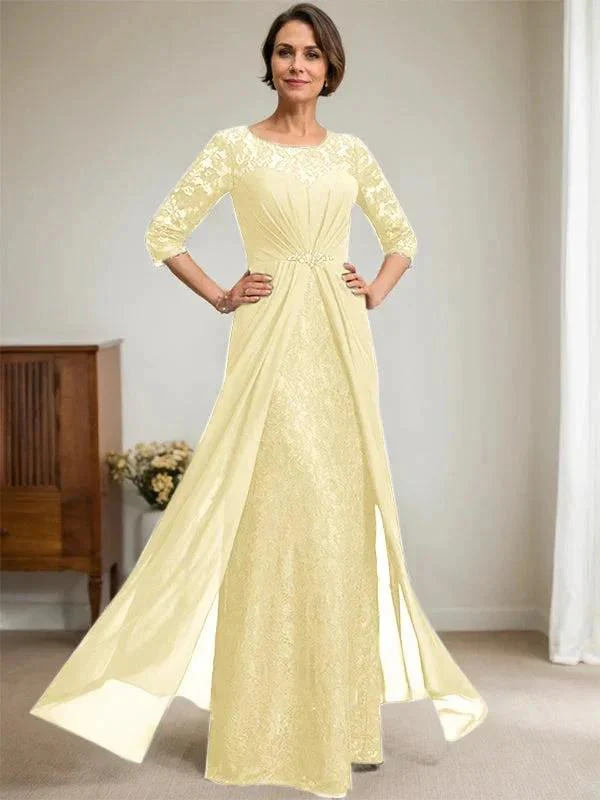 A-Line Scoop Illusion Floor-Length Lace Chiffon Mother Of the Bride Dress With Beading Ruffles - Image 45