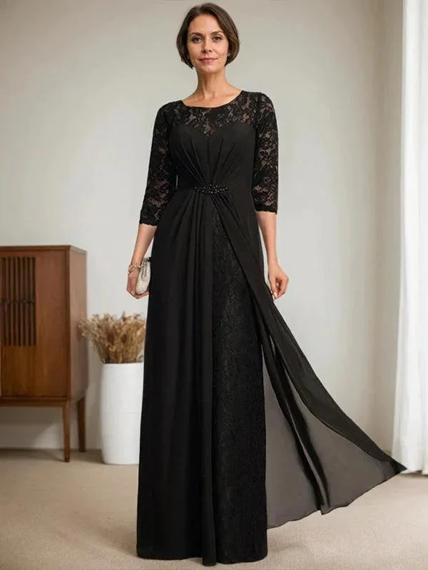 A-Line Scoop Illusion Floor-Length Lace Chiffon Mother Of the Bride Dress With Beading Ruffles - Image 5