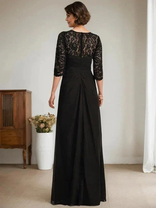 A-Line Scoop Illusion Floor-Length Lace Chiffon Mother Of the Bride Dress With Beading Ruffles - Image 7