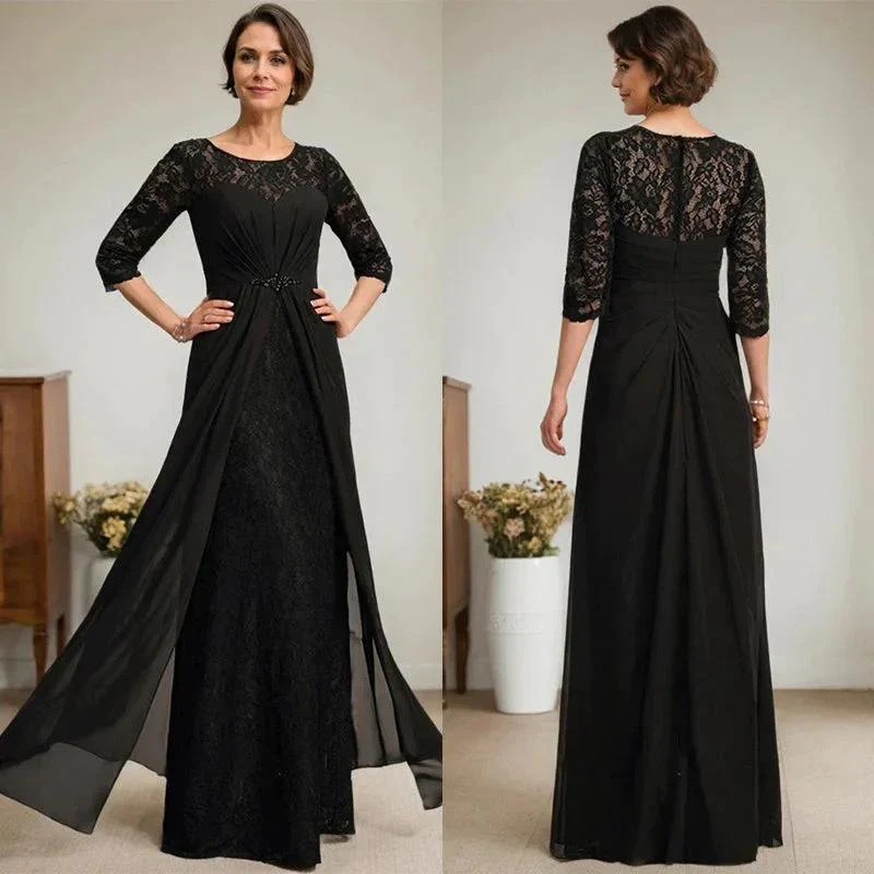 A-Line Scoop Illusion Floor-Length Lace Chiffon Mother Of the Bride Dress With Beading Ruffles - Image 8