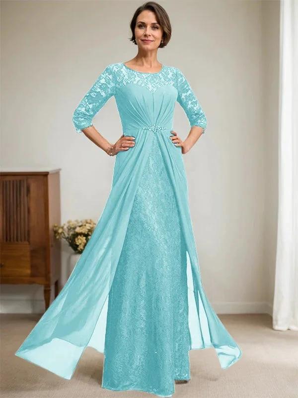 A-Line Scoop Illusion Floor-Length Lace Chiffon Mother Of the Bride Dress With Beading Ruffles - Image 9