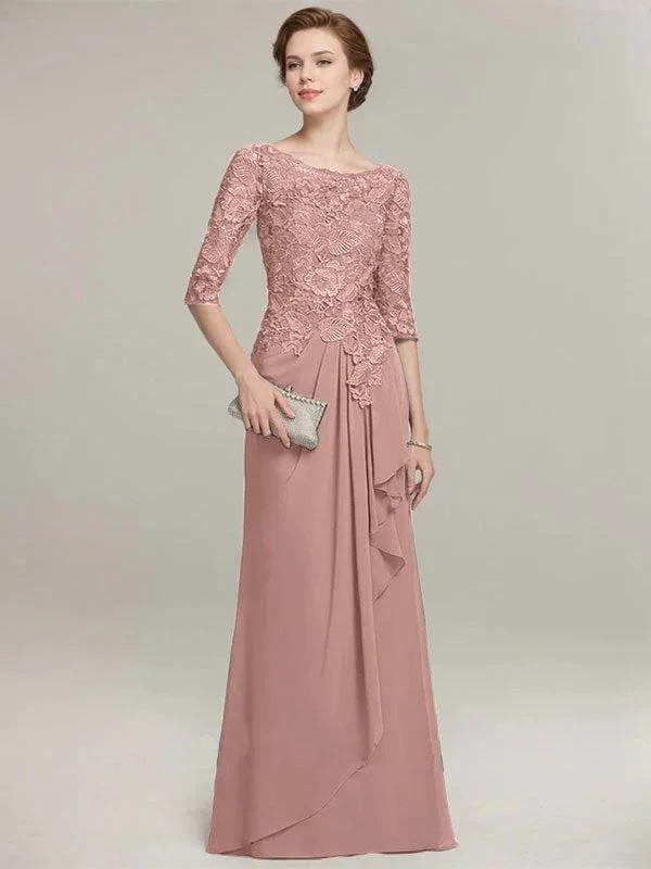 A-line Scoop Illusion Floor-Length Lace Chiffon Mother of the Bride Dress With Cascading Ruffles - Image 16