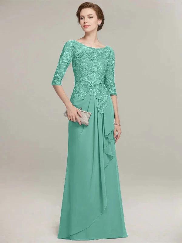 A-line Scoop Illusion Floor-Length Lace Chiffon Mother of the Bride Dress With Cascading Ruffles - Image 22