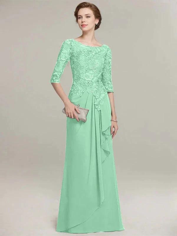 A-line Scoop Illusion Floor-Length Lace Chiffon Mother of the Bride Dress With Cascading Ruffles - Image 27