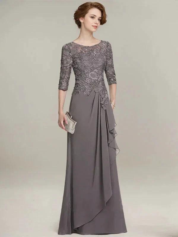 A-line Scoop Illusion Floor-Length Lace Chiffon Mother of the Bride Dress With Cascading Ruffles - Image 3