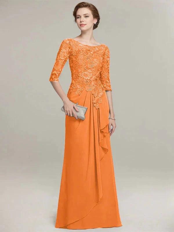 A-line Scoop Illusion Floor-Length Lace Chiffon Mother of the Bride Dress With Cascading Ruffles - Image 30