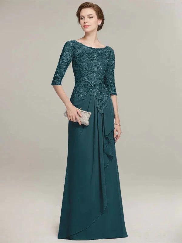 A-line Scoop Illusion Floor-Length Lace Chiffon Mother of the Bride Dress With Cascading Ruffles - Image 31