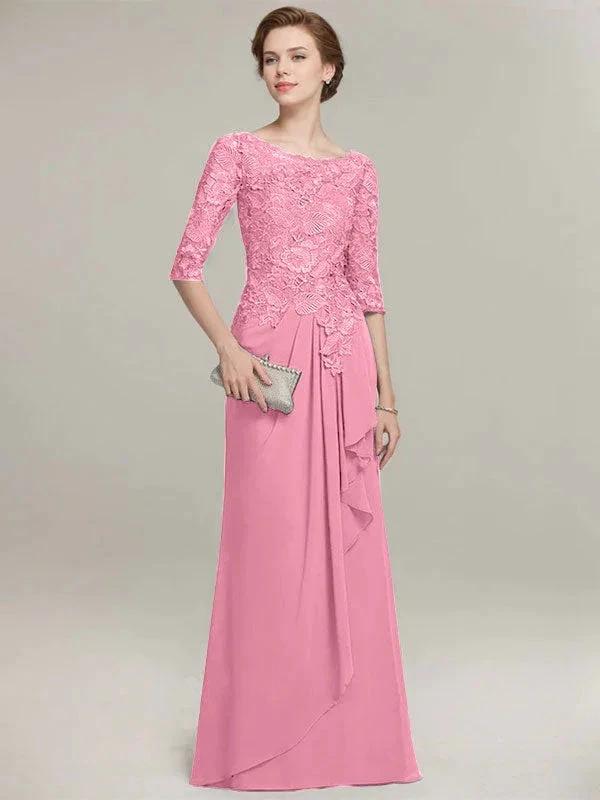 A-line Scoop Illusion Floor-Length Lace Chiffon Mother of the Bride Dress With Cascading Ruffles - Image 32