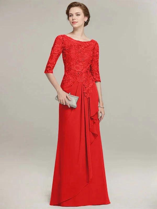 A-line Scoop Illusion Floor-Length Lace Chiffon Mother of the Bride Dress With Cascading Ruffles - Image 34