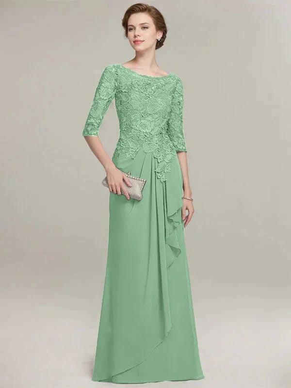 A-line Scoop Illusion Floor-Length Lace Chiffon Mother of the Bride Dress With Cascading Ruffles - Image 37