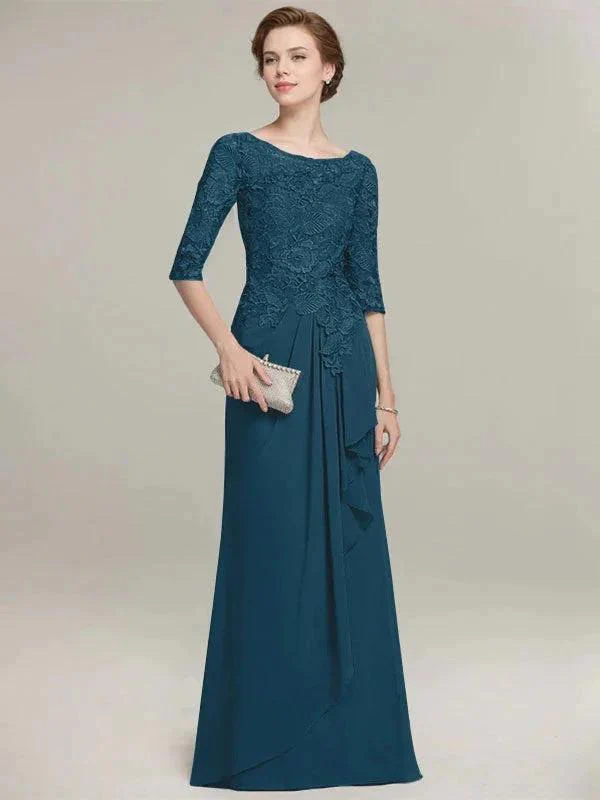 A-line Scoop Illusion Floor-Length Lace Chiffon Mother of the Bride Dress With Cascading Ruffles - Image 39